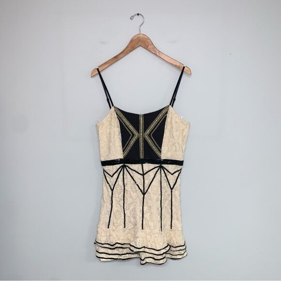 Free People Lace Coquette Mini Dress Size 12 US Ivory Black Sequin  Ruffle Retro - Picture 3 of 16